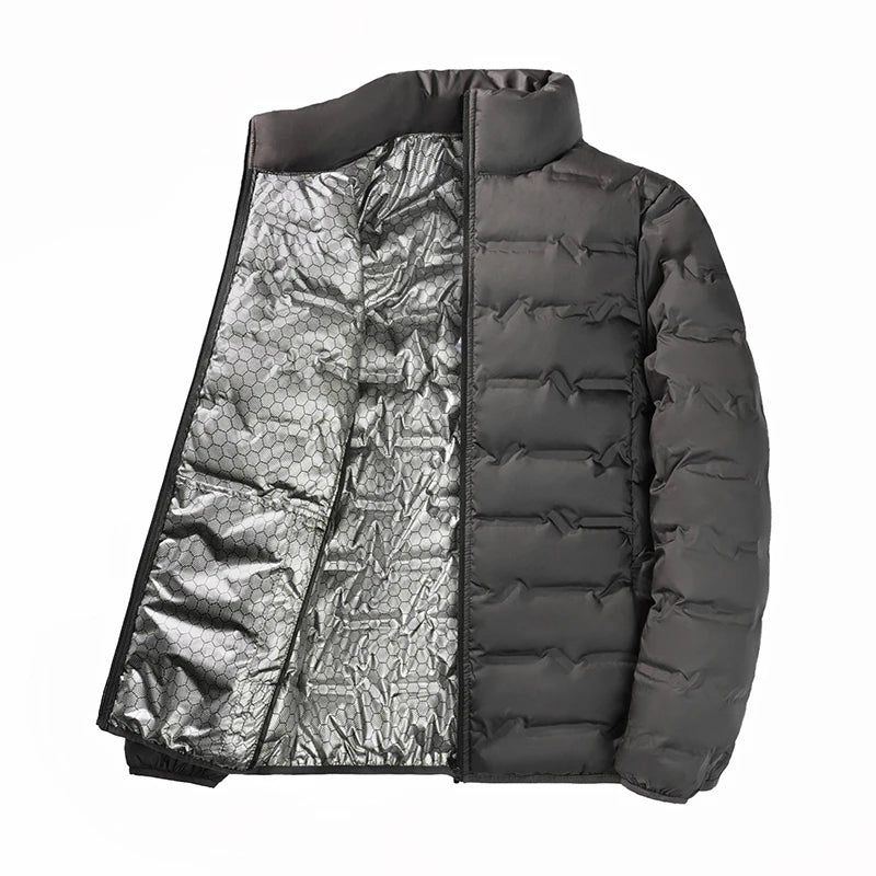 Chaqueta de plumón autocalentable con grafeno para hombre: estilo plisado sólido, a prueba de viento y cuello alto, clásica y cálida para el invierno