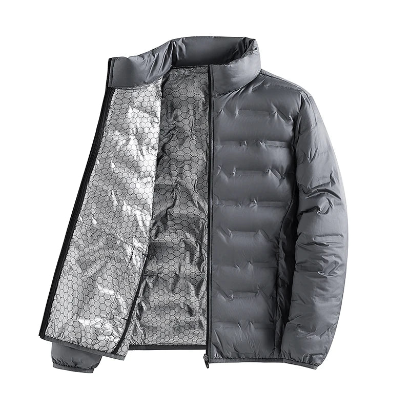 Chaqueta de plumón autocalentable con grafeno para hombre: estilo plisado sólido, a prueba de viento y cuello alto, clásica y cálida para el invierno