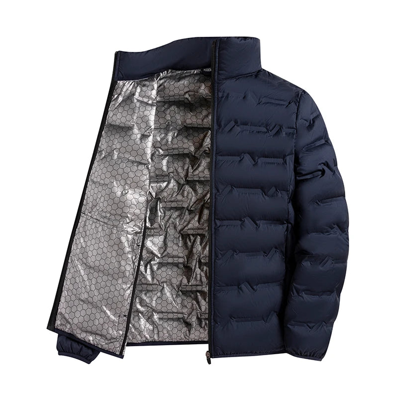 Chaqueta de plumón autocalentable con grafeno para hombre: estilo plisado sólido, a prueba de viento y cuello alto, clásica y cálida para el invierno