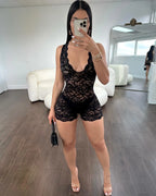 Mono corto transparente con escote en V profundo de encaje para mujer, mono corto ajustado sin mangas para chica picante