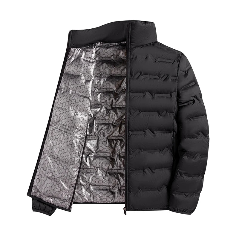 Chaqueta de plumón autocalentable con grafeno para hombre: estilo plisado sólido, a prueba de viento y cuello alto, clásica y cálida para el invierno