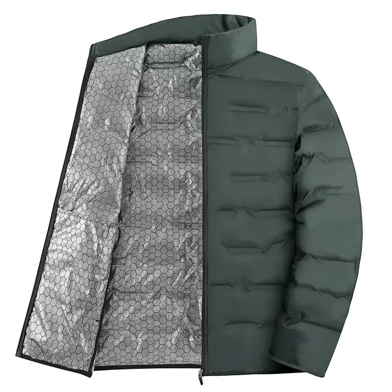 Chaqueta de plumón autocalentable con grafeno para hombre: estilo plisado sólido, a prueba de viento y cuello alto, clásica y cálida para el invierno